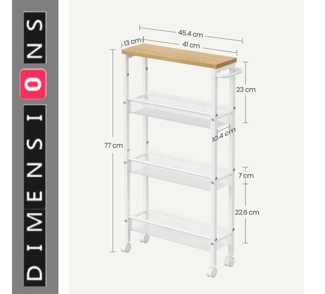 Modcraft Slim 4-Tier Kitchen Storage Trolley with Wheels – Oak & White, Narrow Rolling Cart for Small Spaces