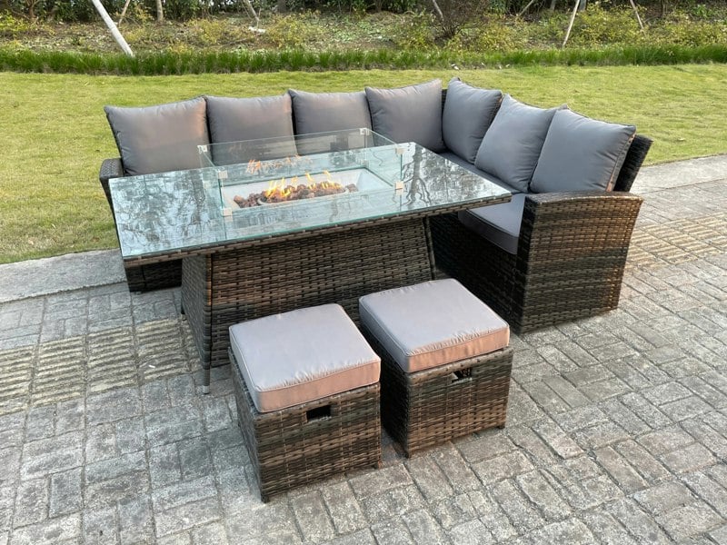 Fimous High Back Rattan Garden Furniture Sets Gas Fire Pit Dining Table Set Gas Heater Right Corner Sofa Small Footstools 8 Seater