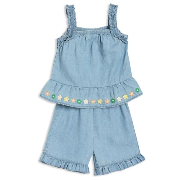 Mini Cuddles Baby Girls Floral Embroidered 2pc Set, Blue