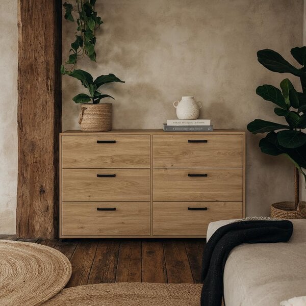 Wyld Haus Stuttgart Natural Oak Chest of 6 Drawers Black Metal Handles