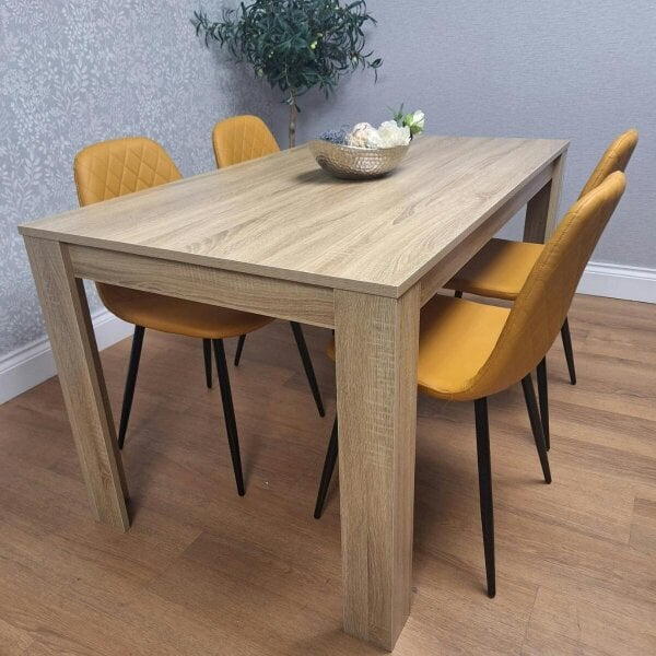 Kosy Koala Oak Effect Dining Table Set With 4 Mustard Gem Pattern Chairs Dining Room Furniture