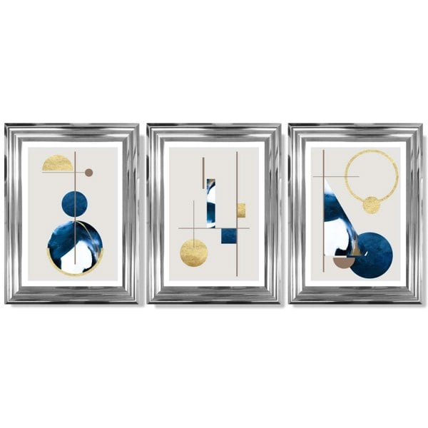 Artze Wall Art Abstract Set of 3 Textured Geometric Framed Prints in Navy Blue and Gold