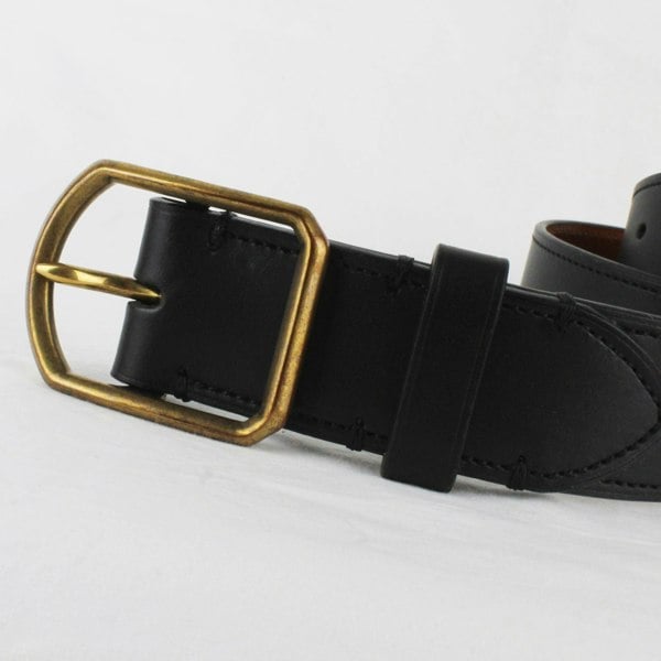 Dunhill black leather belt with rounded brass tone buckle