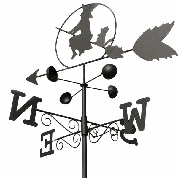 Witch Steel Weathervane, Black Painted All-Steel Weather Vane With Wall Fixings and 1.7m Ground Spike, Wind Speed Cups