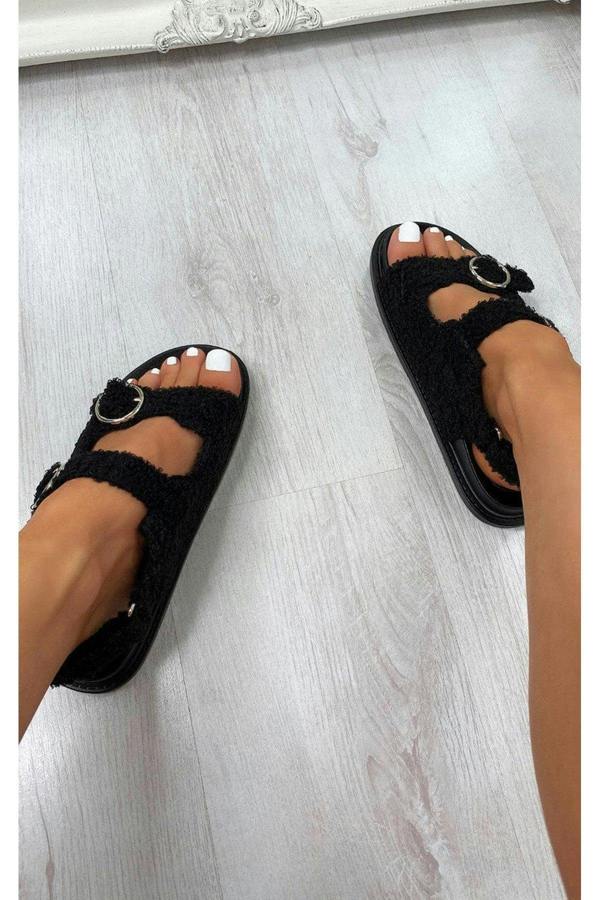 Zahra Faux Fur Double Buckle Sliders - Black