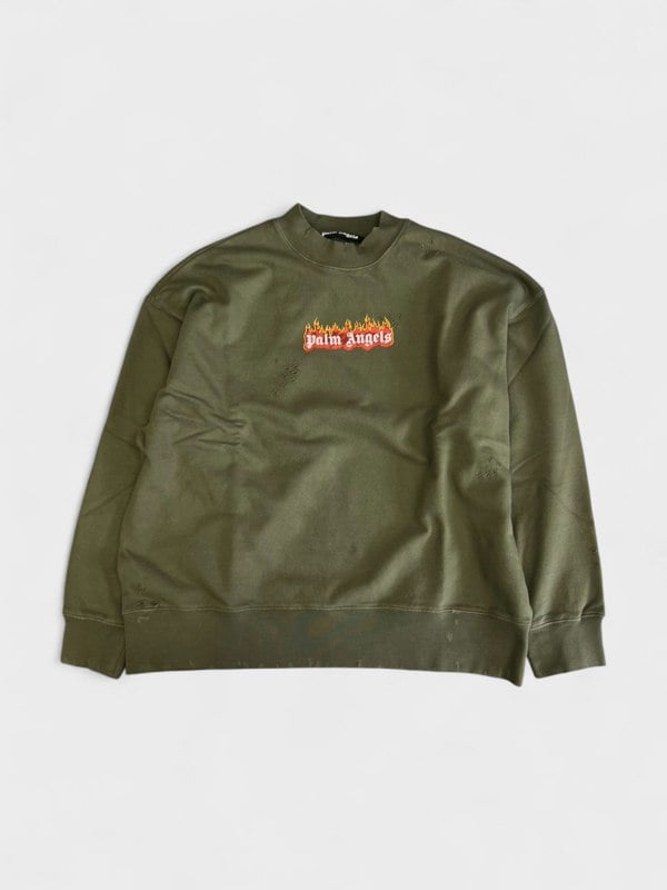 Palm Angels Burning Logo Sweatshirt Military Green
