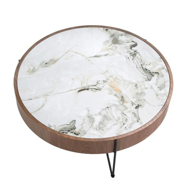 Angel Cerdá Round coffee table in porcelain marble, walnut and black steel 2138
