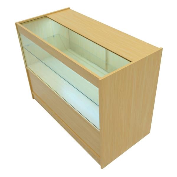 Vega LED shop counter set in maple finish, featuring a glass display top, spacious interior, and sleek modern design for retail use