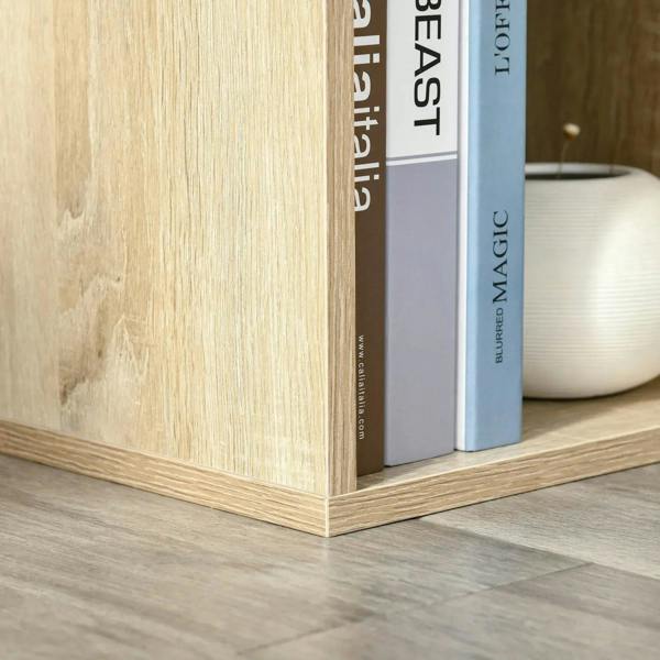 Oak wood effect bookcase shelf close-up with books standing upright