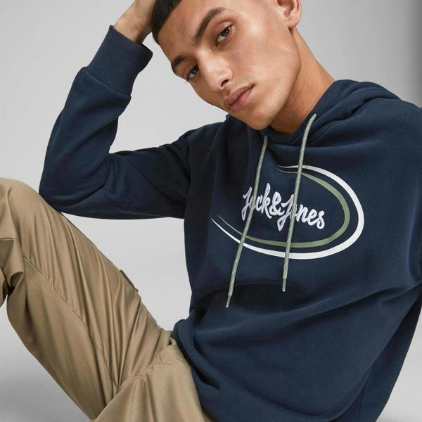 Jack & Jones Men's Logo Printed Pullover Sweatshirt Organic Cotton, Navy - XS