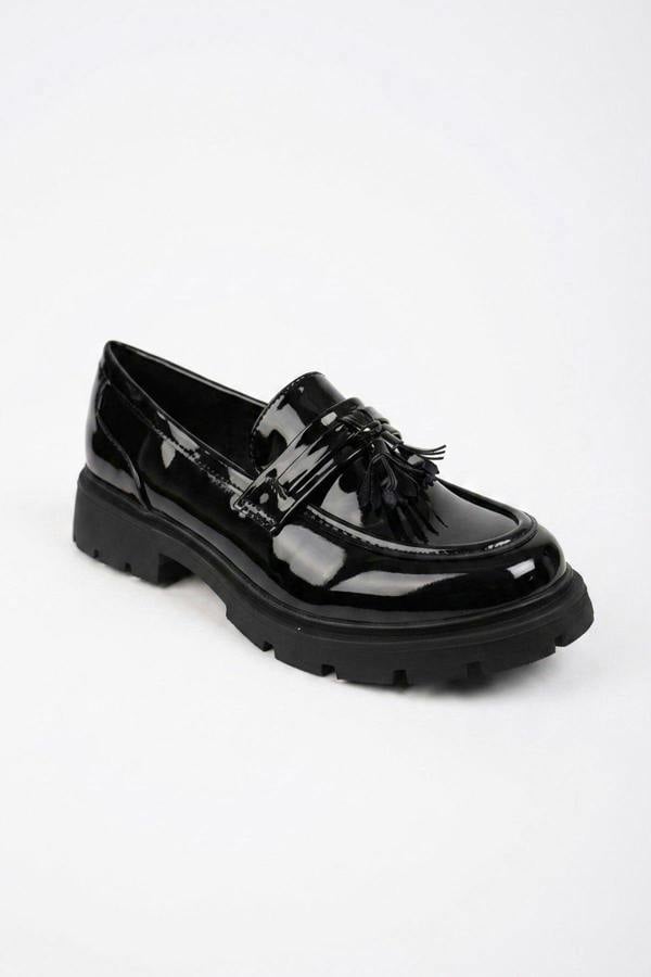 Saoirse Patent Chunky Sole Tassel Loafers - Black