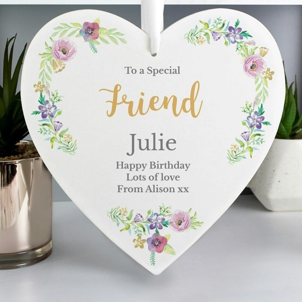 Personalised Memento Company Personalised Any Role 'Floral Watercolour' Large Wooden Heart Decoration