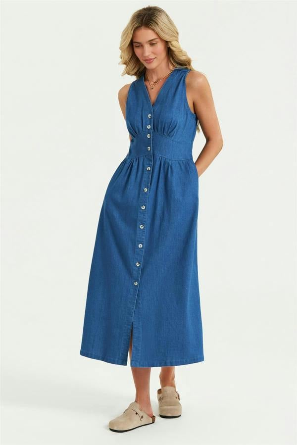FS Collection Button Down Denim Midi Dress In Blue
