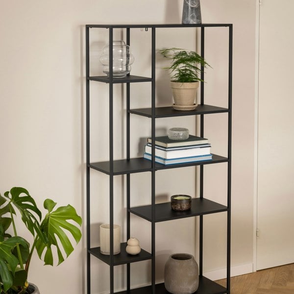 Furniture To Go Newcastle Asymmetrical Bookcase with 6 Shelves in Matt Black