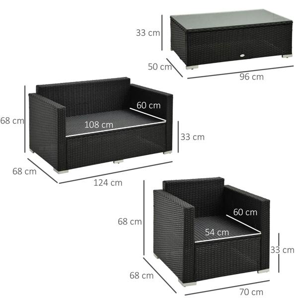 Black rattan sofa with cream cushions and matching coffee table with size diagram