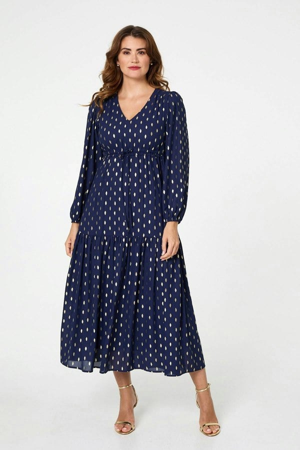 Navy | Metallic Print V-Neck Tiered Maxi Dress
