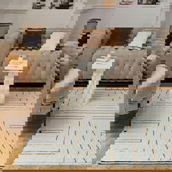 Geometric Living Room rug, gold-cream colours, stain-resistant and non-shedding