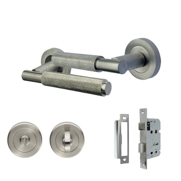 EDH Door Hardware Satin Nickel Knurled Door Handles on Round Rose – Modern Internal Lever Handle Sets