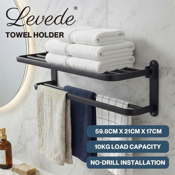 Levede Towel Holder with 2 Bars Wall Mounted Black No Drill Bathroom Shelf Black