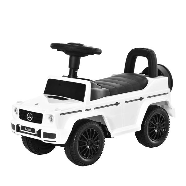 White kids ride-on car with black seat, wheels, and push foot slider