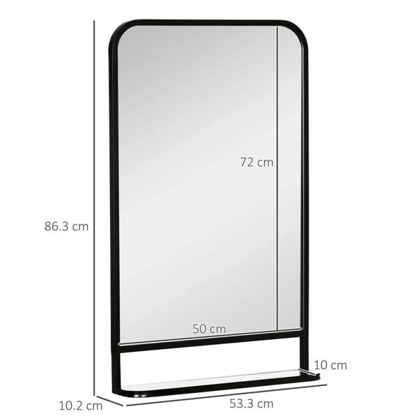 Black wall mirror with storage shelf, with visible dimension markings