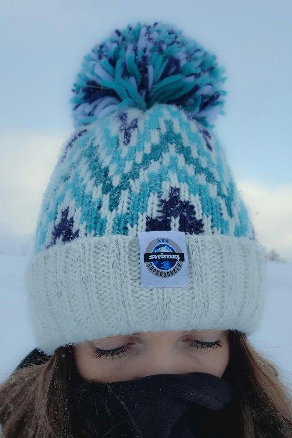 SuperBobble Andrea Hall Alpine Zig-Zag Beanie Bobble Hat - Blue