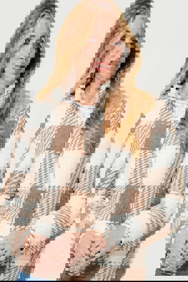 Brown | Checked High Neck Boxy Jacket
