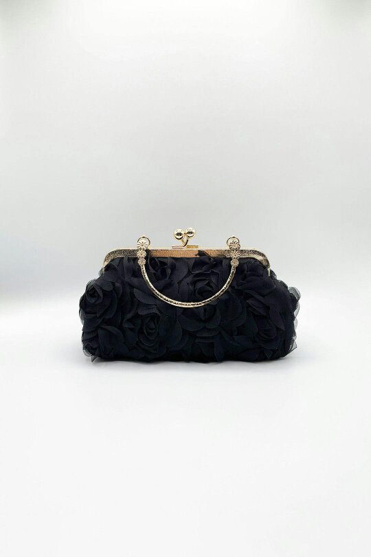 SVNX Lace Floral Clutch Bag with Pearl in Black