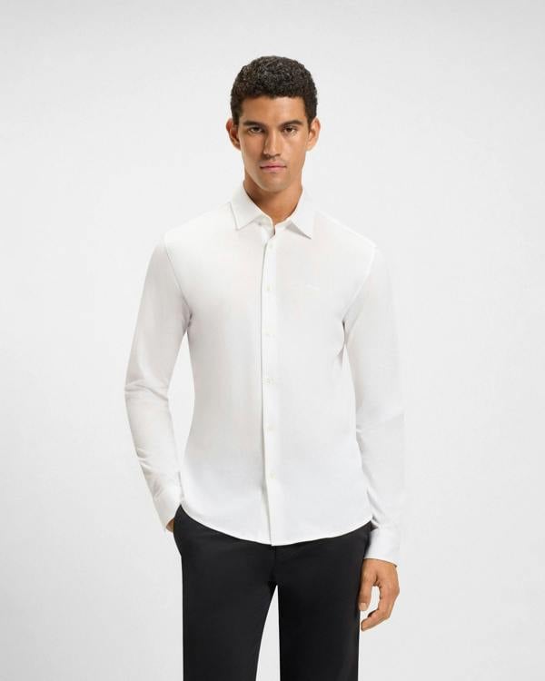 BOSS Orange Mysoft Mens Slim-Fit Shirt in Melange Cotton Jersey - White 100 | CHO | Designer Mens Long Sleeve Shirts
