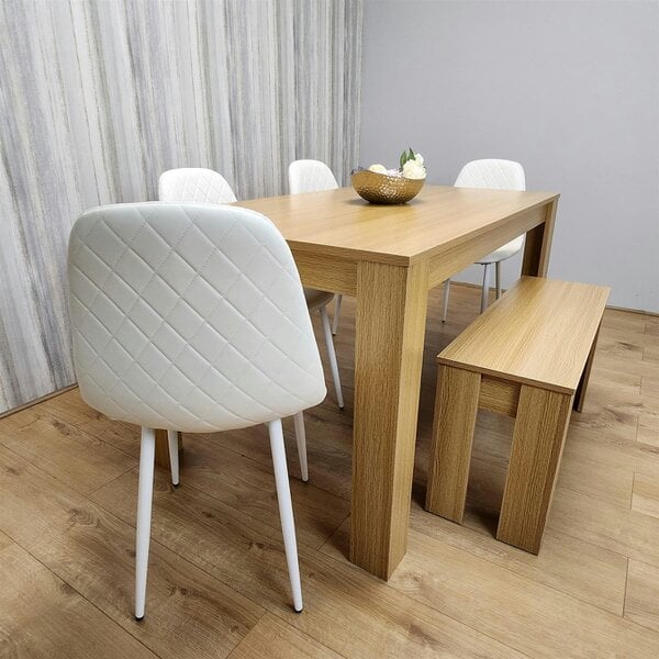 Kosy Koala Wooden Dining Table Set for 6 Oak Effect Table With 4 White Gem Patterned  Chairs and 1 Bench