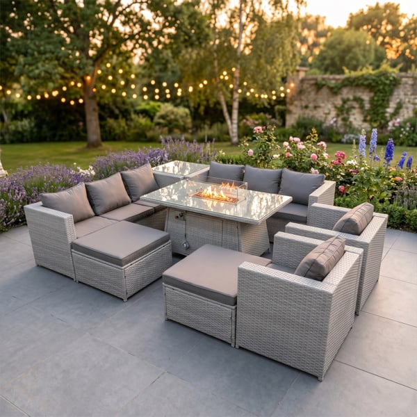 Fimous 10 Seater Rattan Outdoor Garden Furniture Set with Fire Pit Dining Table, 2 Sofas, 2 Chairs, 1 Side Table & 2 Footstools - Light Grey