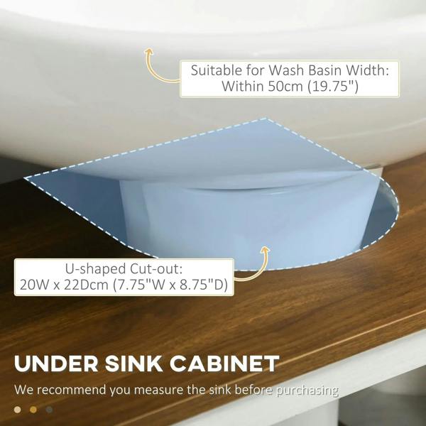 Under-sink cabinet with U-shaped cut-out in the dark-brown countertop for plumbing clearance