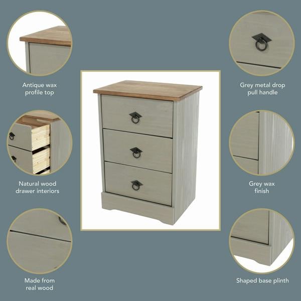 Core Products Corona Grey Modern 3-Drawer Bedside Cabinet