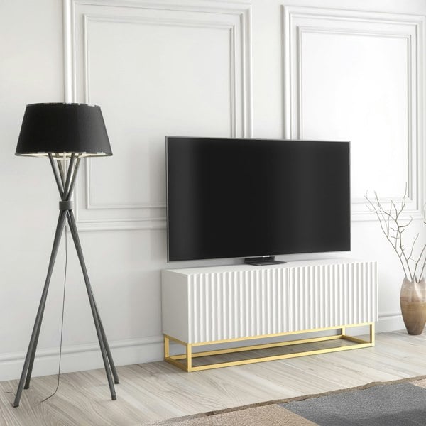 Mex Furniture White TV Unit with Gold Base 100cm – Fluted Fronts & Push-Down Doors