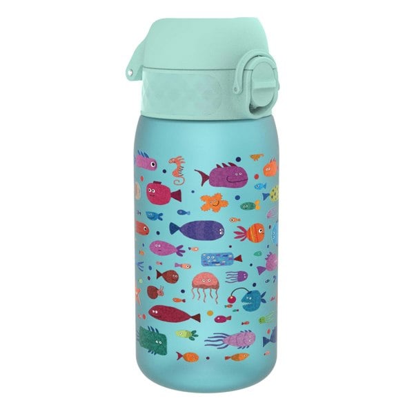 A light-blue water bottle, adorned with colorful cartoon fish and sea creatures, sits on a white background.