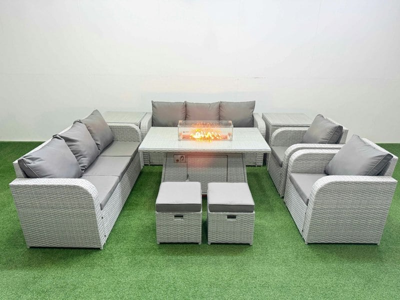 Fimous PE Rattan High Back Lounge Sofa Set Patio Fire Pit Dining Table & Chairs Set with 3 Seater Sofa Reclining Chair Stools 2 Side Table Light Grey