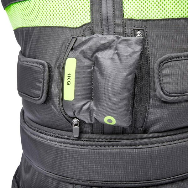 Black adidas weight vest with a pocket containing 1kg weight -labeled '1KG' on a green background