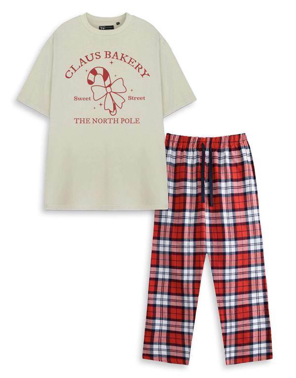 Show Me The Merch Unisex Beige Claus Bakery Short Sleeve Long Leg Pyjama Set