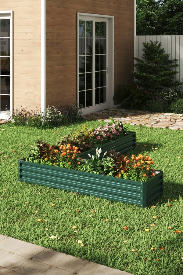 Living and Home L-Shaped Galvanized Steel Raised Garden Bed Dark Green