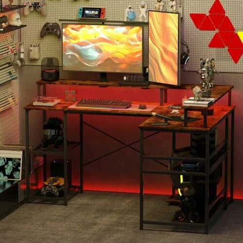 Wyld Haus Mosovi Brown L Shaped Desk With Built In LED Lighting And Shelves