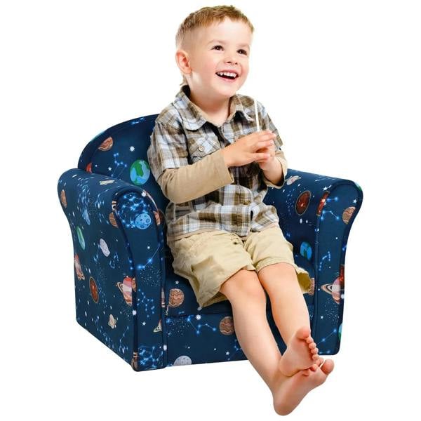 Blue space-themed kids armchair with rounded arms and seat for toddlers
