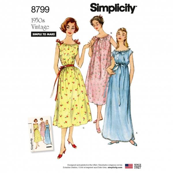 Simplicity Sewing Pattern 8799, Dresses, Pyjamas, Vintage Style for Women, A (XS-S-M-L-XL) - Easy