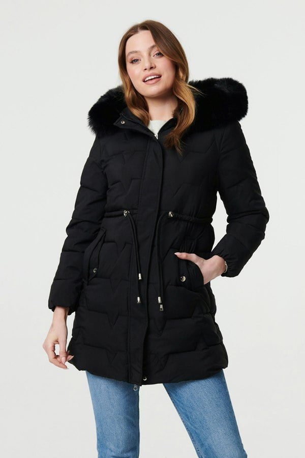 Black | Faux Fur Hooded Tie Waist Puffer Jacket
