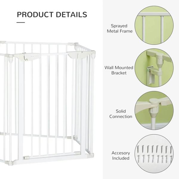 White metal pet playpen frame with wall-mount bracket and solid panel connections