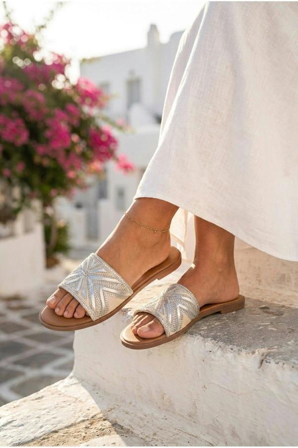 Octavia Geometric Woven Strap Sliders - Silver