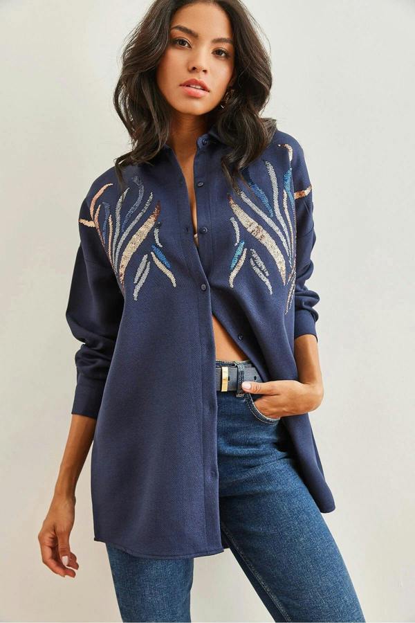 Hoxton Gal Sequin-Embellished Wool-Effect Oversized Winter Shirt