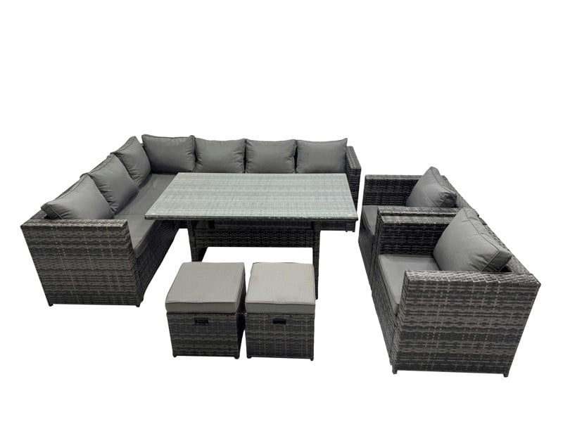 Fimous Outdoor PE Rattan Sofa Set with Dining Table Patio Garden Furniture Sets with 2 Chairs 2 Small Stools Dark Grey Mixed
