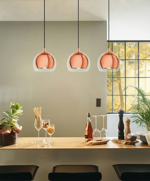 EGLO Rocamar 3-Light Copper Pendant With Outer Glass Shades