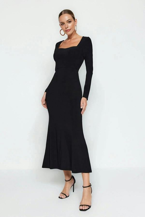 WOVCOR Flounced Square Neck Maxi Knit Dress