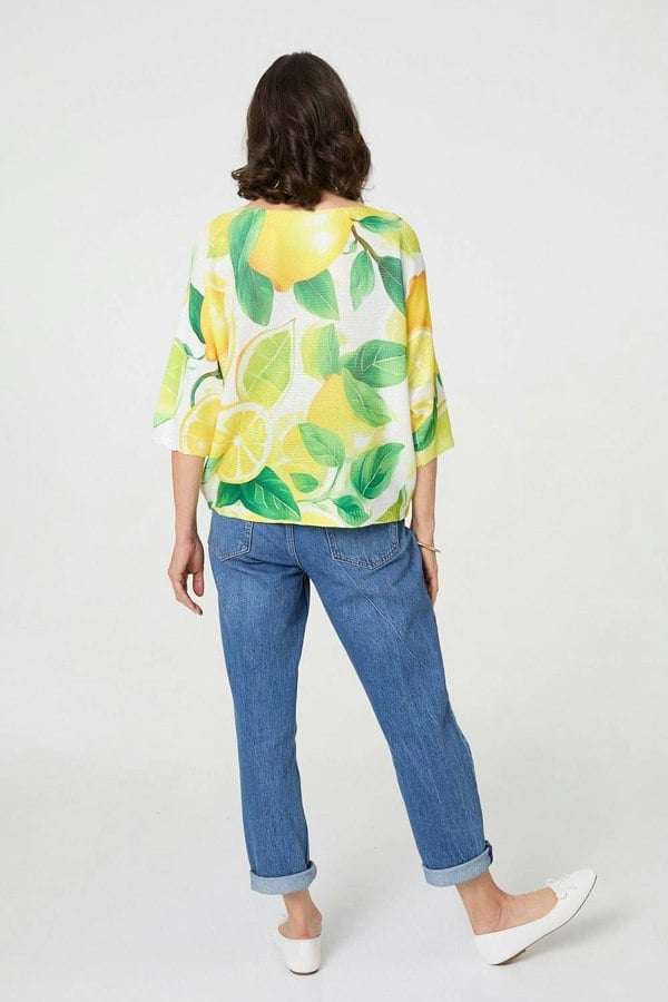 Yellow | Leaf Print 3/4 Sleeve Knit Texture Top

